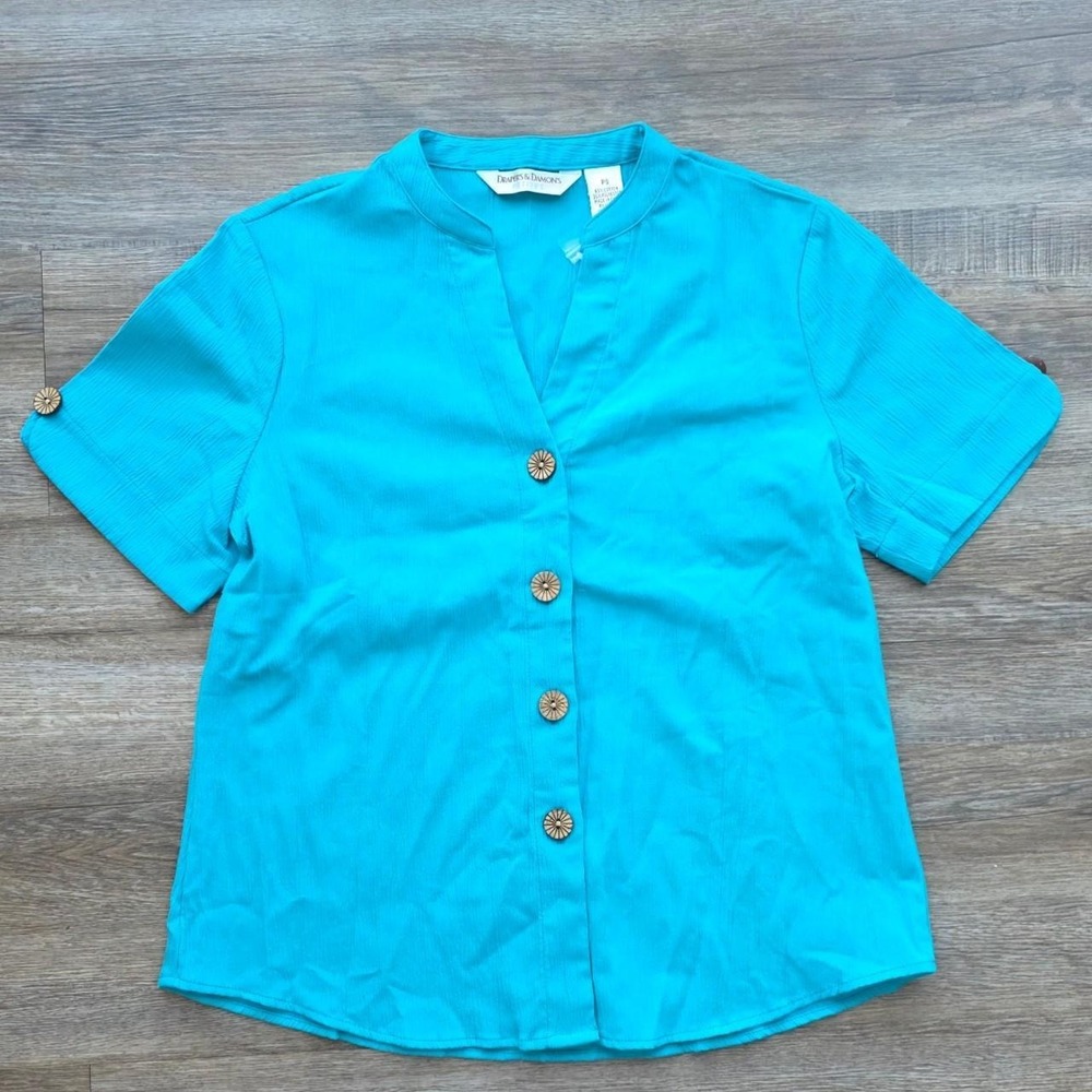 Drapers & Damons Petites Turquoise Button Up Blouse Blue Textured Top PS